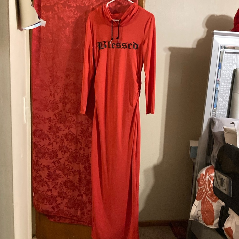 Long Red Dress With a Hood“BLESSINGS” written on it